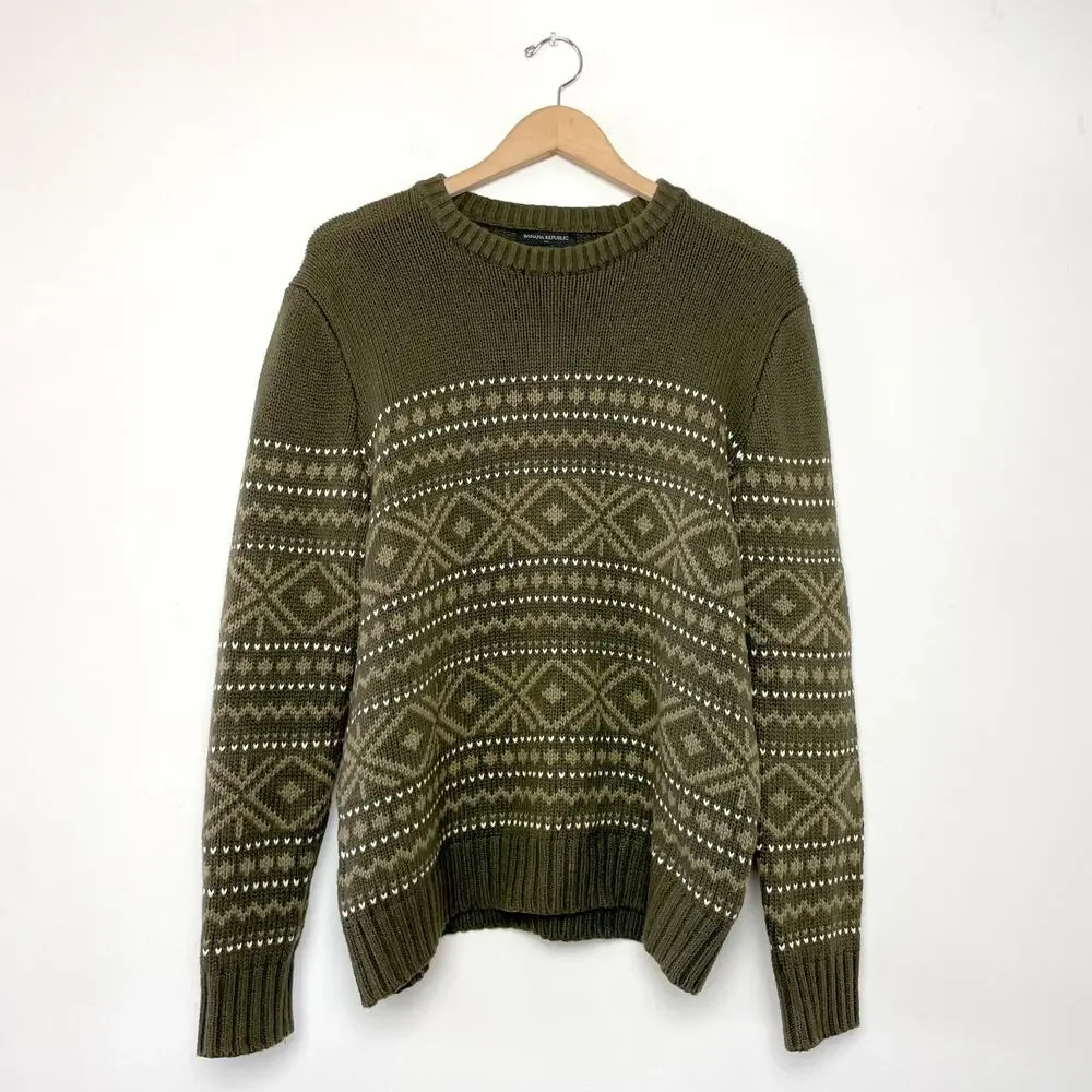 Banana Republic Fair‎ Isle Heritage Cottagecore Forest Green Grandpa Sweater L